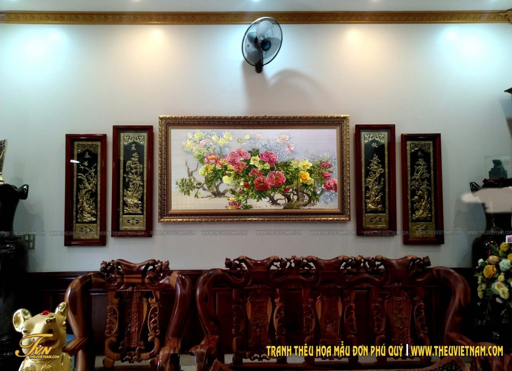 Tranh thêu hoa mẫu đơn phú quý